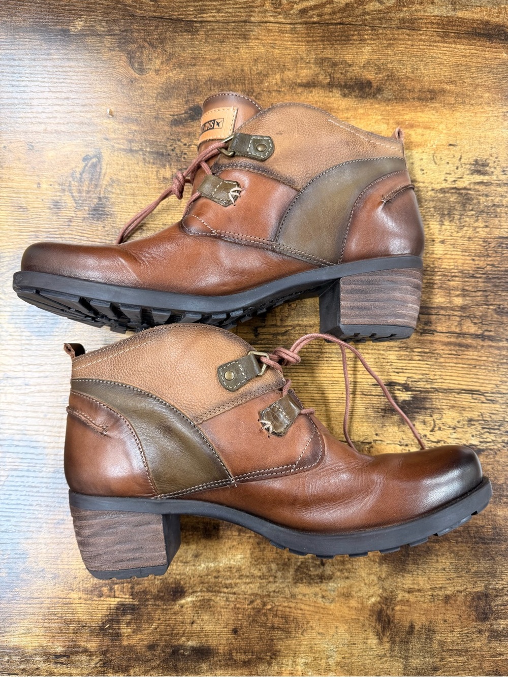 PIKOLINOS Two-Tone Brown Leather Ankle Booties with Low Block Heel